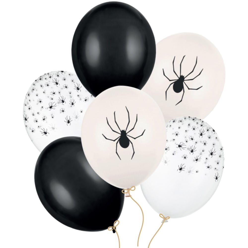 Balony lateksowe Straszne Pająki czarny biały przezroczysty 30 cm 12 cali zestaw 6 szt