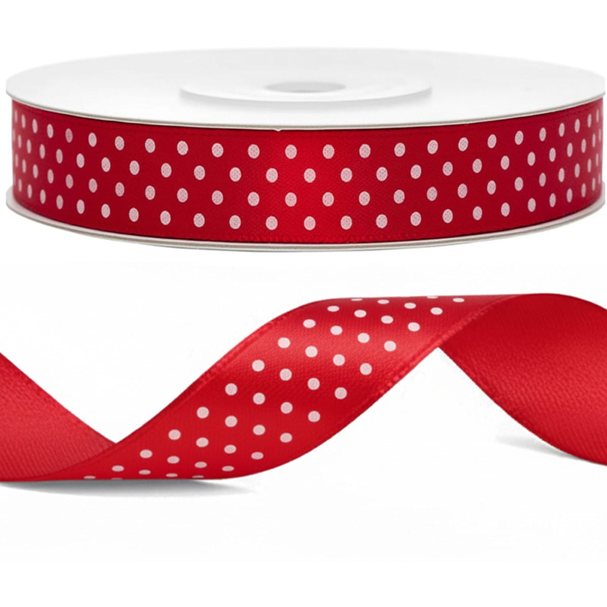 Tasiemka wstążka satynowa czerwona w białe kropki 12mm x 25m