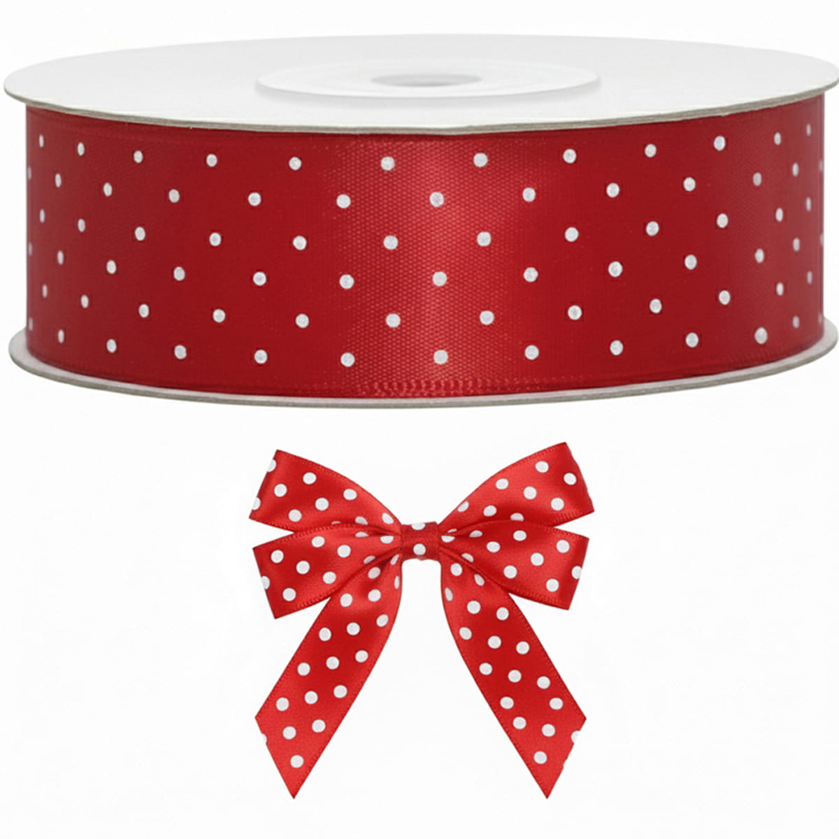 Tasiemka wstążka satynowa czerwona w białe kropki 25mm x 25m